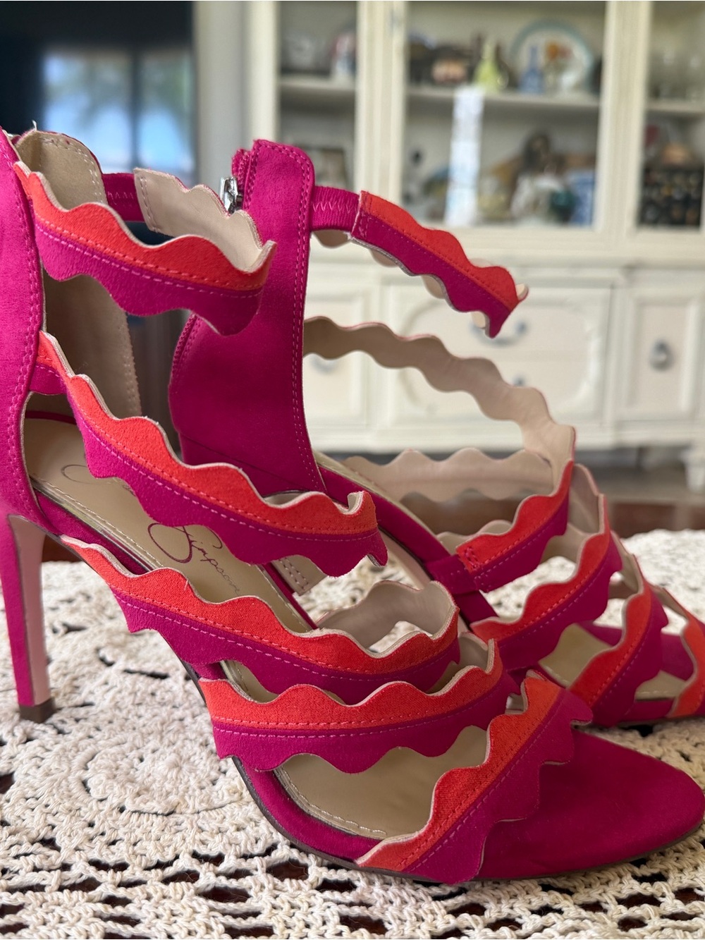 Jessica Simpson Hot Pink and Coral Scalloped Strappy Stilettos